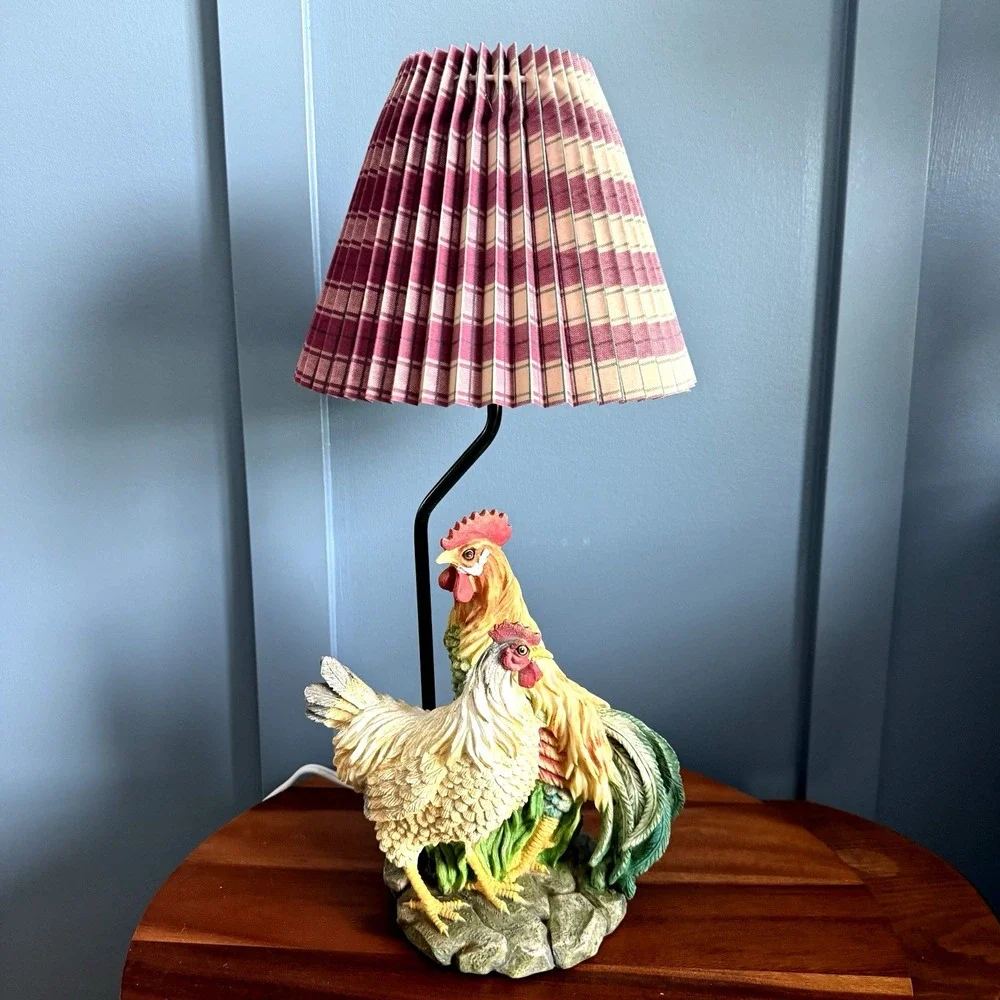 Vintage Rooster and Chicken Table Lamp Plaid Shade Farmhouse Cottage 20